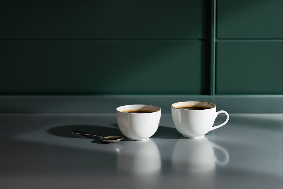 Deux tasses de café posées côte à côte sur un plan de travail clair