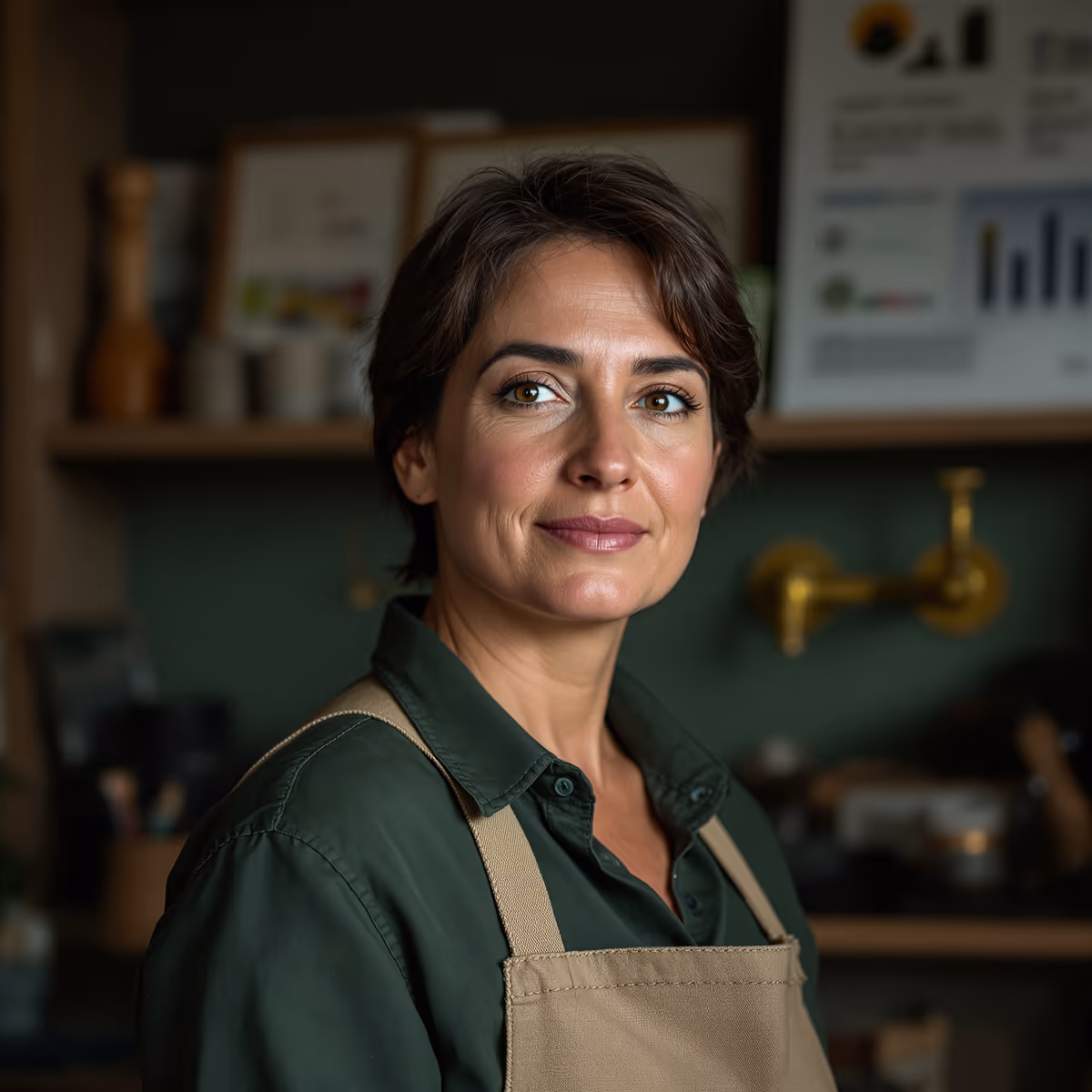 Portrait d'une commerçante en tablier dans sa boutique