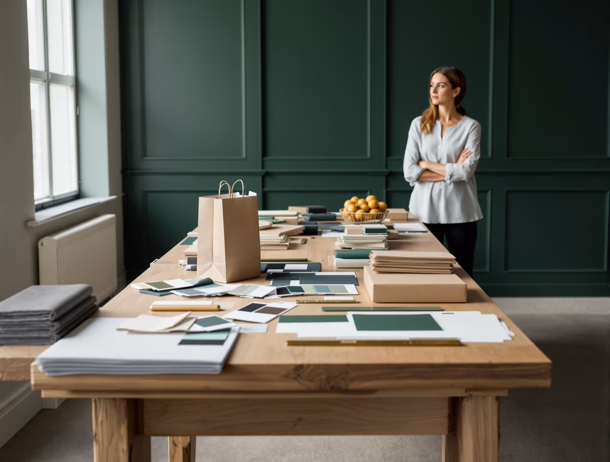 Revue de marque étalée sur une grande table, échantillons de couleurs et sacs kraft