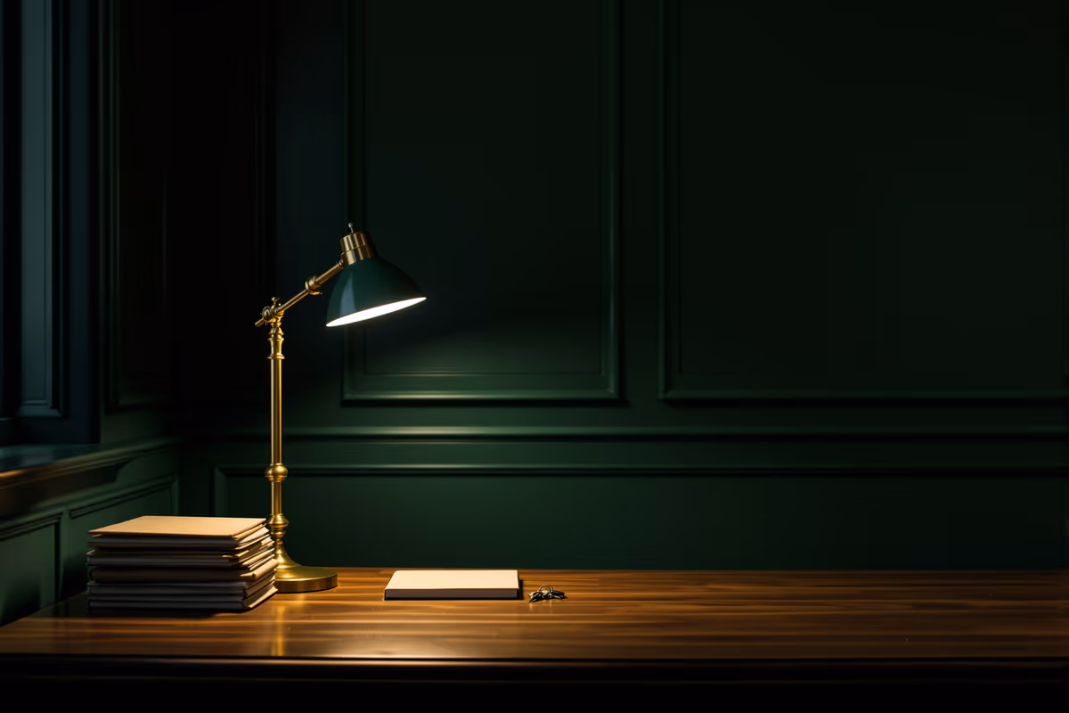 Lampe de bureau allumée au-dessus d'une pile d'imprimés, mur lambrissé vert