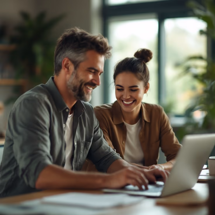Deux associés souriants devant un ordinateur portable