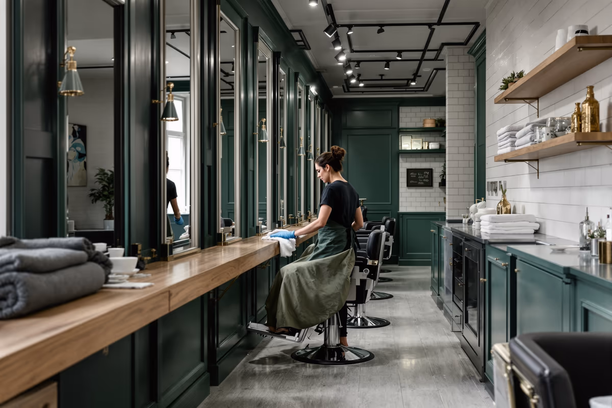 Salon de coiffure vu en enfilade, une cliente installée devant le miroir