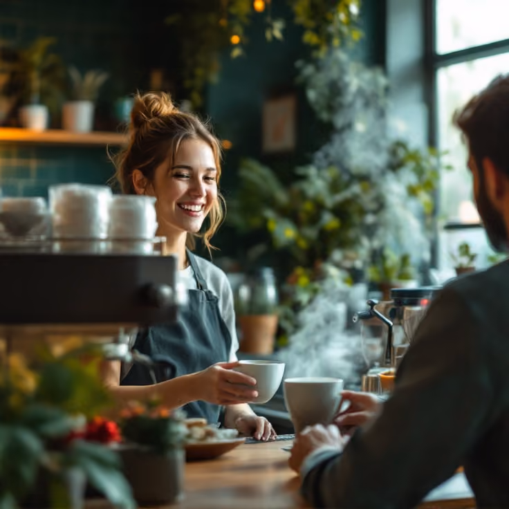 Serveuse tendant une tasse par-dessus le comptoir d'un café