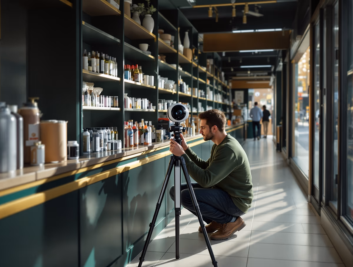 Photographe agenouillé dans une allée de magasin, appareil posé sur son trépied
