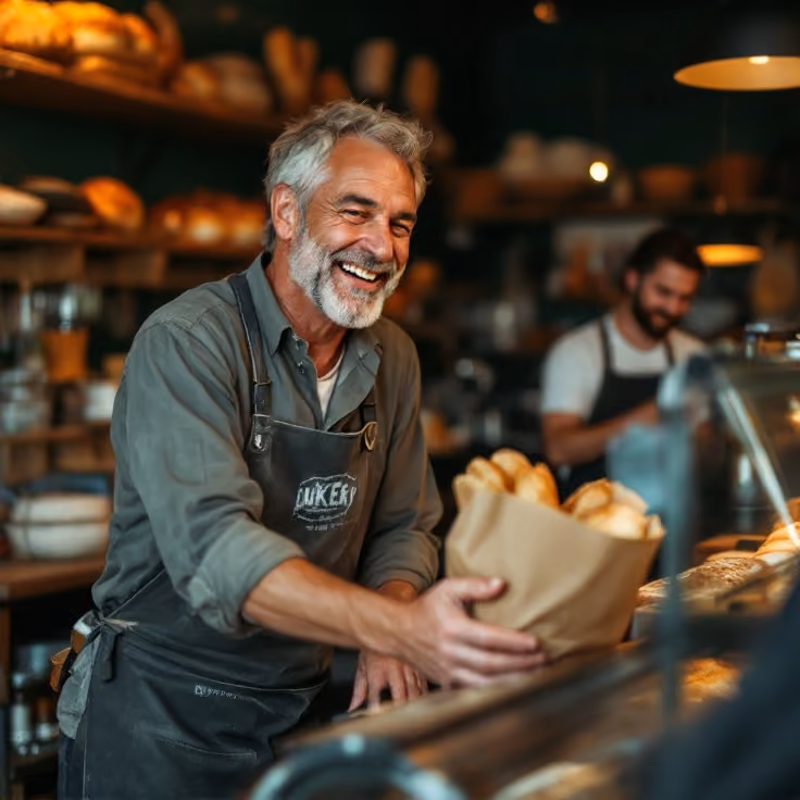 Boulanger tendant un sac de pain en souriant derrière son comptoir