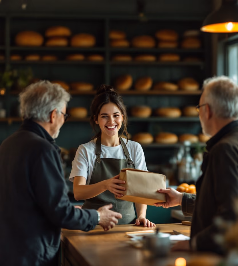 Vendeuse remettant un sachet à un client par-dessus le comptoir d'une boulangerie