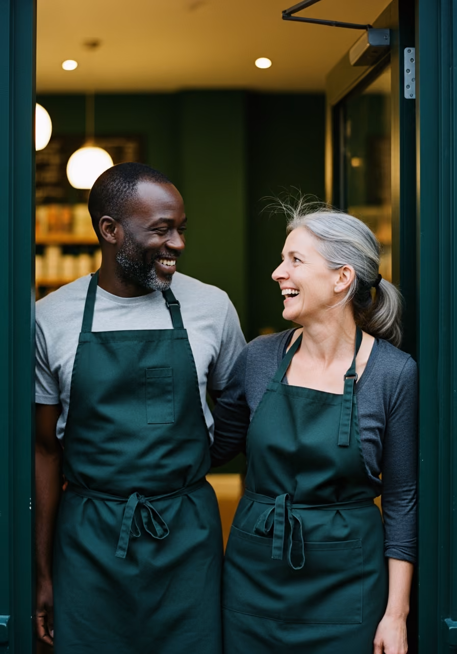 Deux gérants en tablier, souriants, sur le pas de la porte de leur commerce de proximité