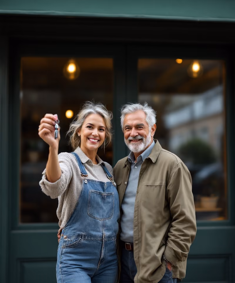 Deux nouveaux franchisés brandissant les clés devant leur point de vente