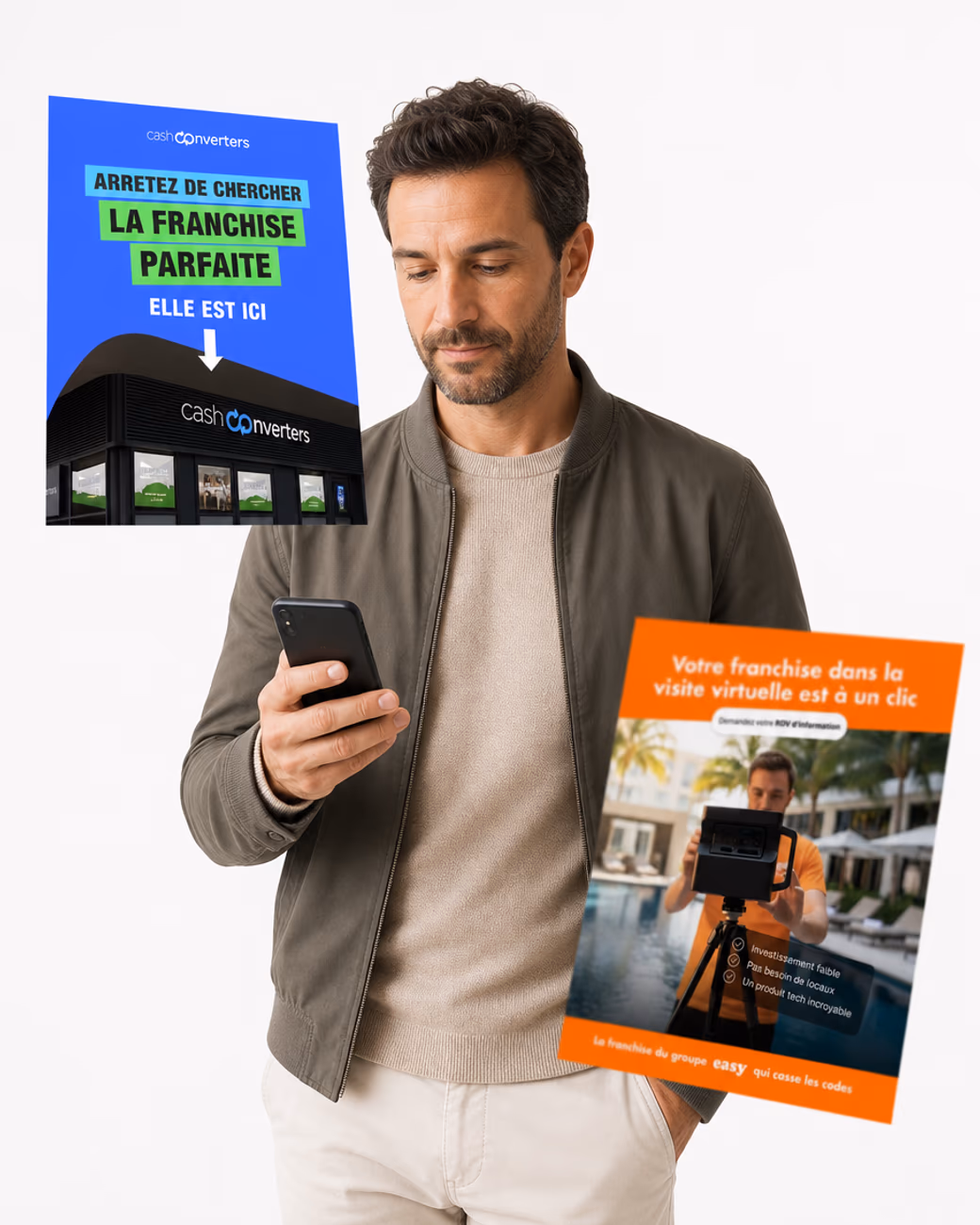 Un futur franchisé regarde son téléphone, deux annonces de recrutement de franchisés flottent autour de lui