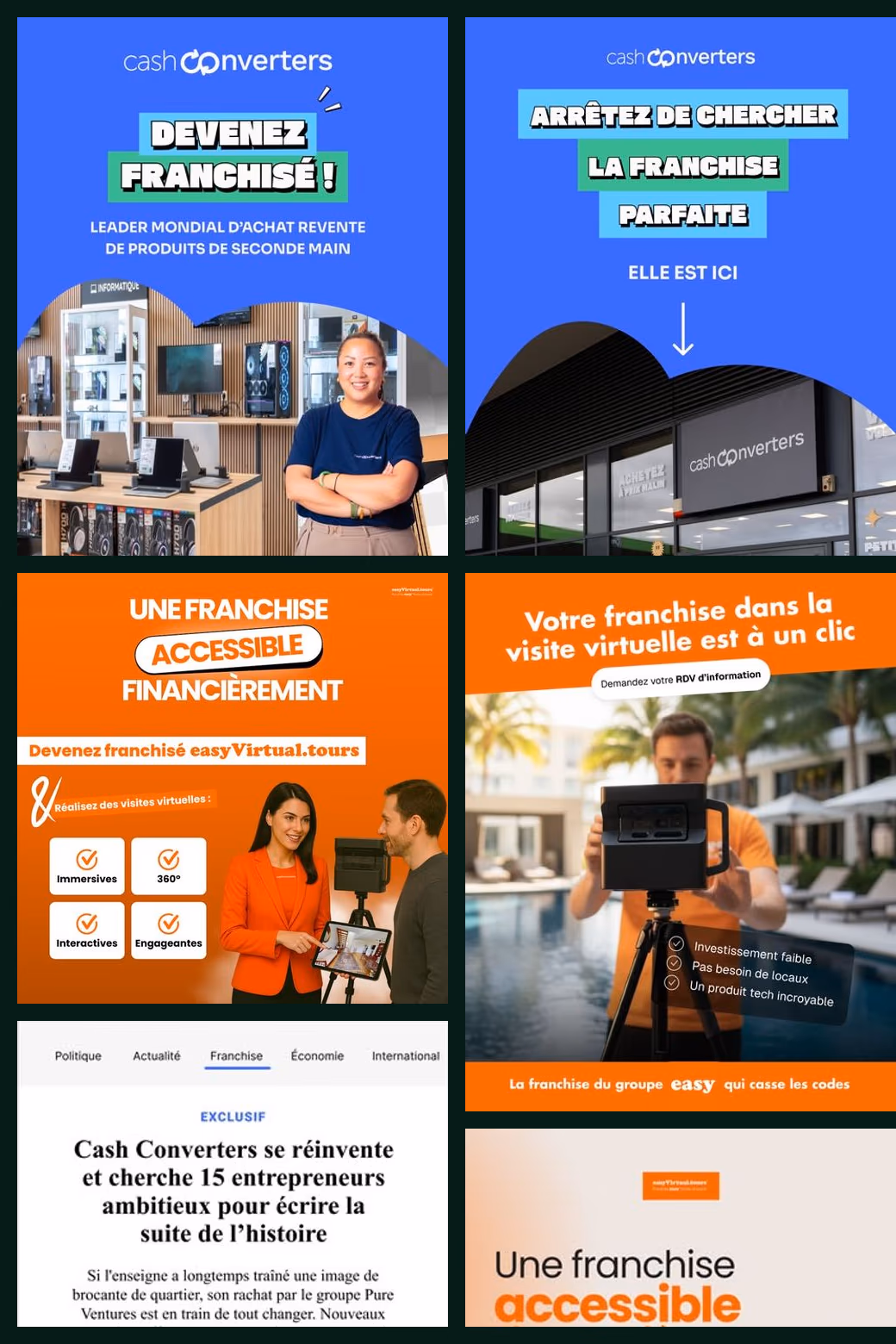 Mosaïque des annonces de recrutement de franchisés de deux réseaux accompagnés par Vizion