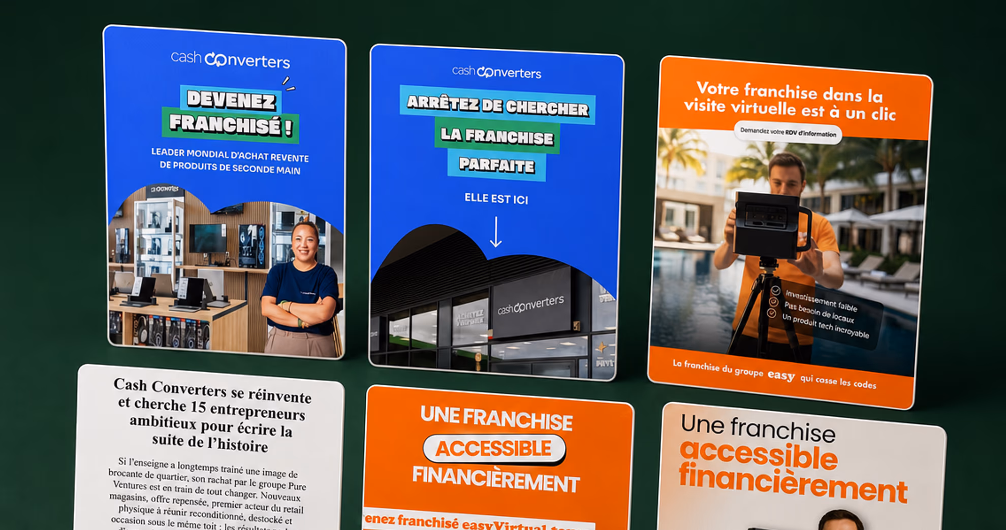 Six annonces de recrutement de franchisés de deux réseaux, posées côte à côte comme des tirages