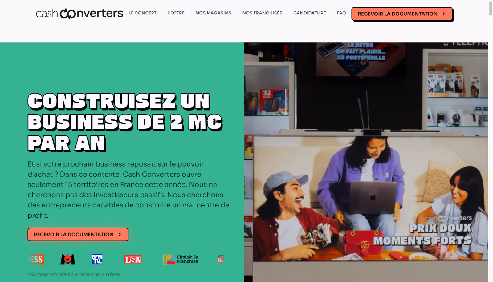 Page d'accueil de la landing page de recrutement de franchisés Cash Converters