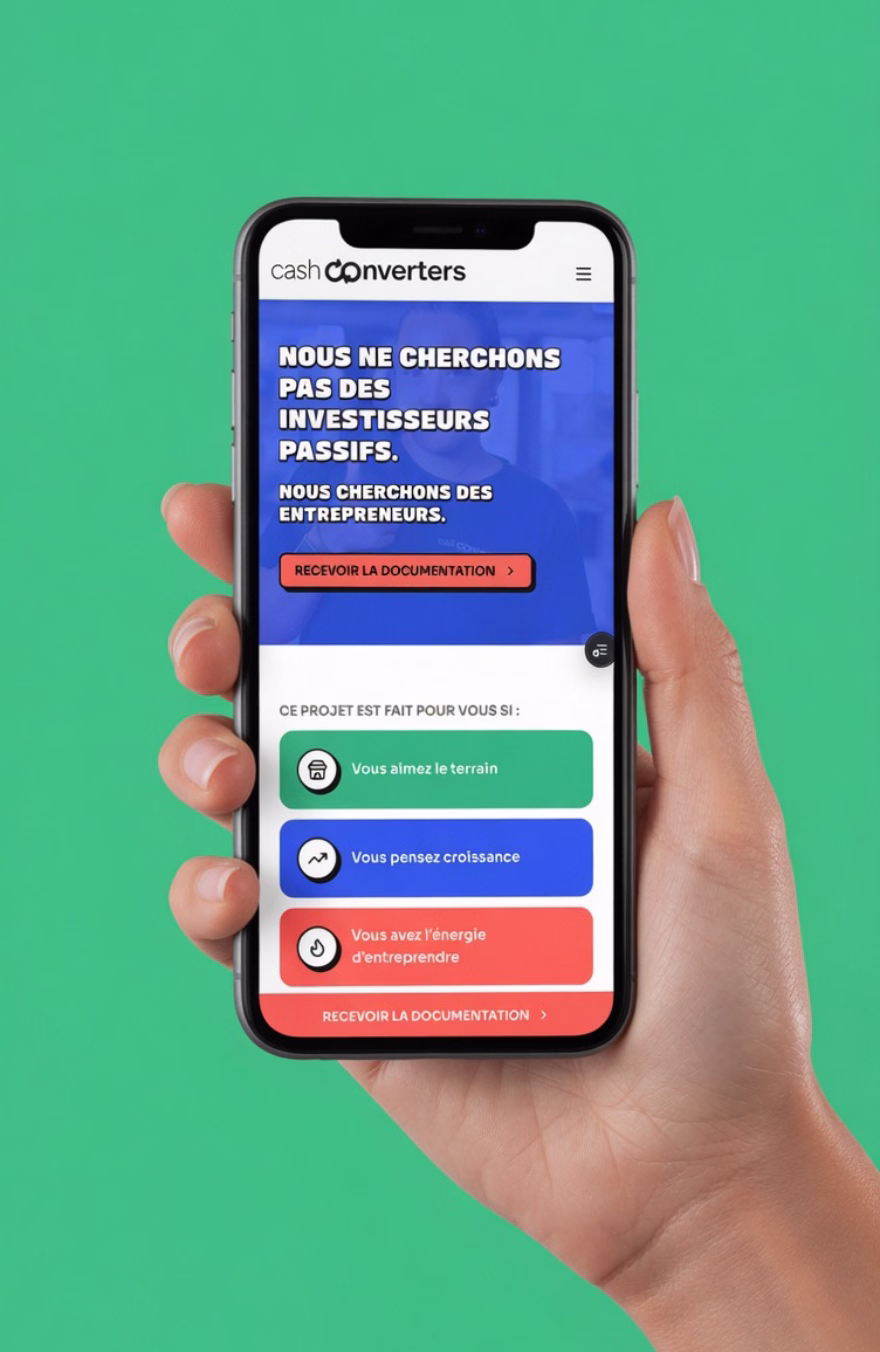 La landing page de recrutement de Cash Converters, ouverte sur téléphone