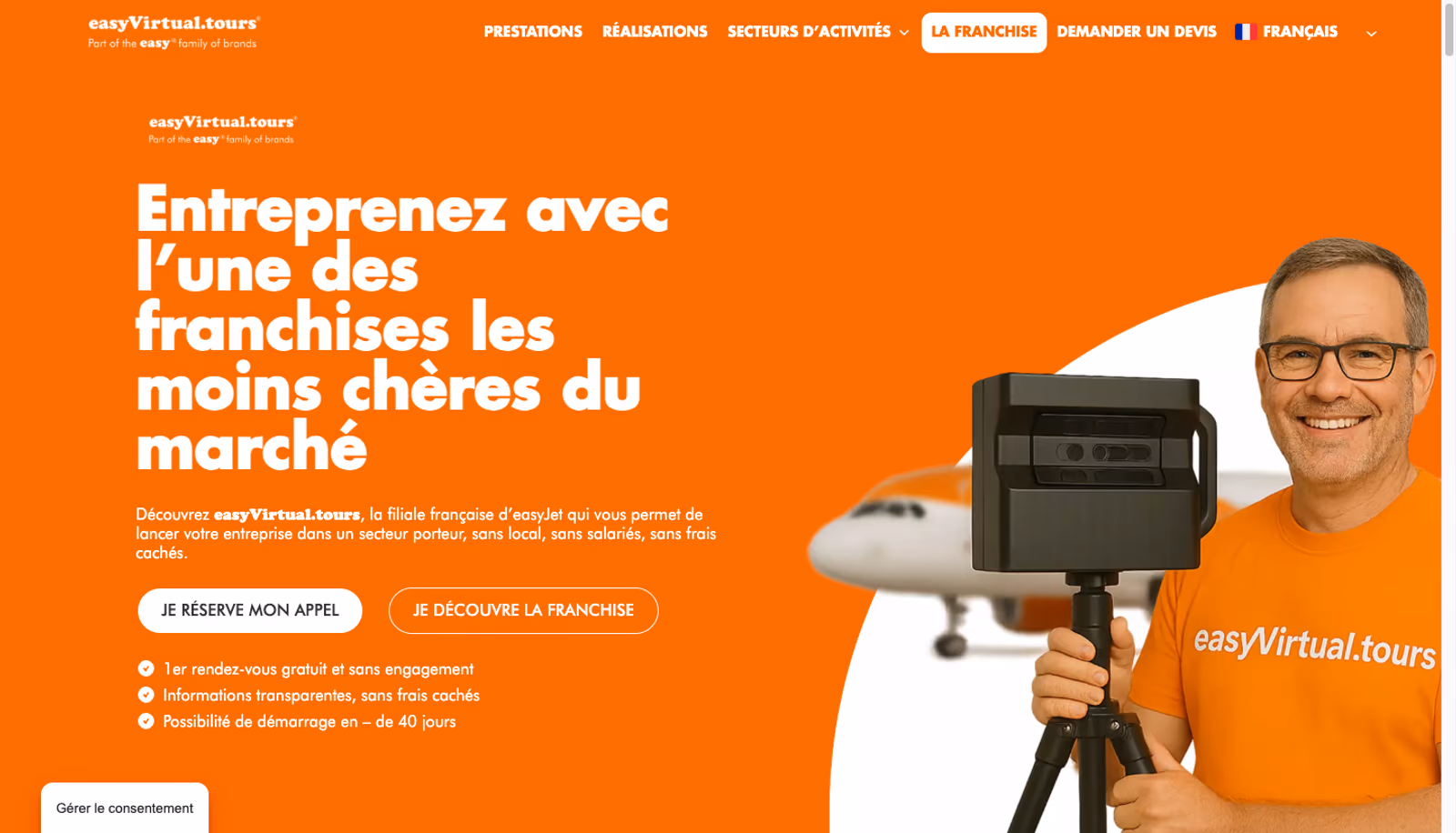 Page d'accueil de la landing page de recrutement de franchisés easyVirtual.tours