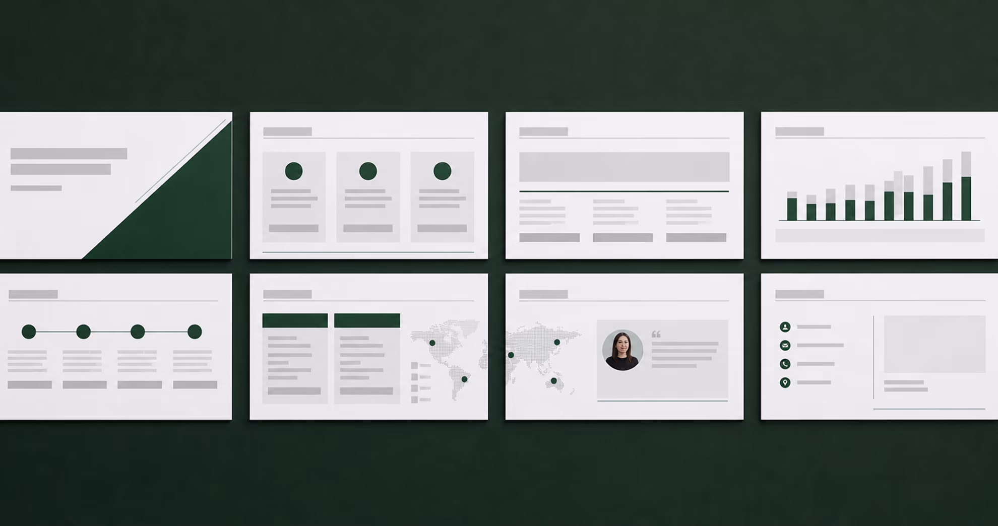 Huit pages d'un deck commercial de franchise, mises à plat