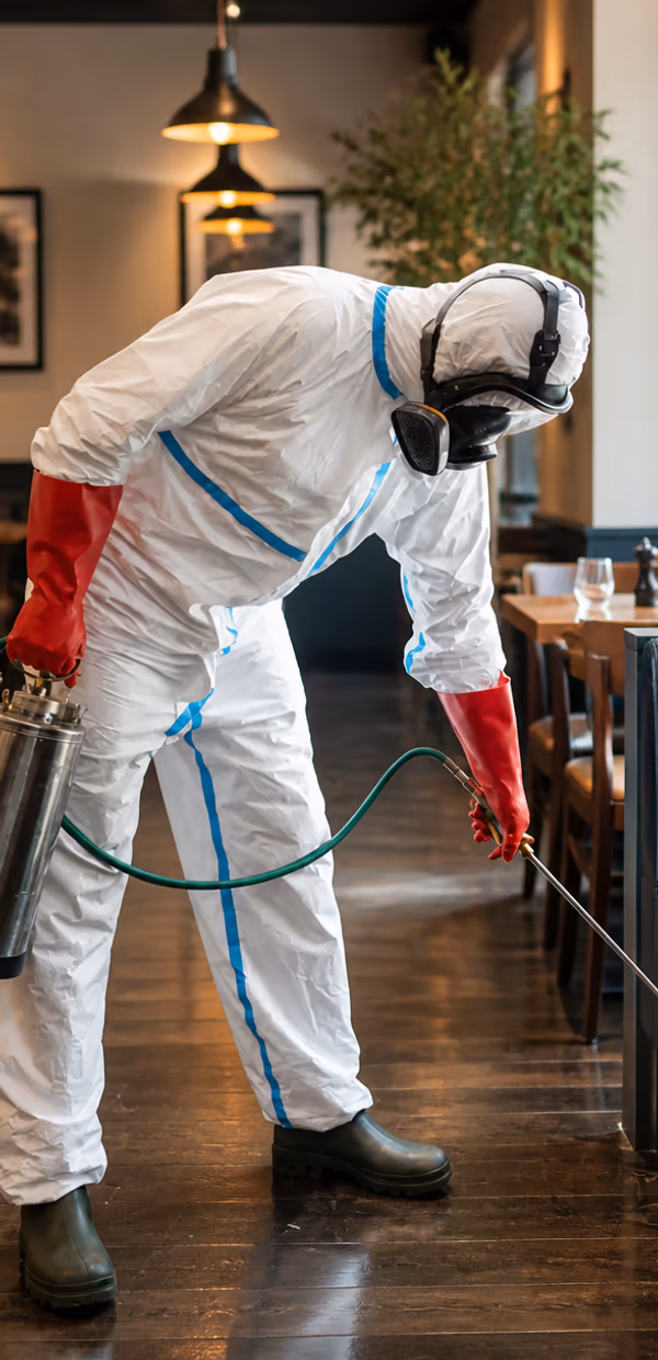 Un technicien en combinaison et masque traite la salle d'un restaurant.