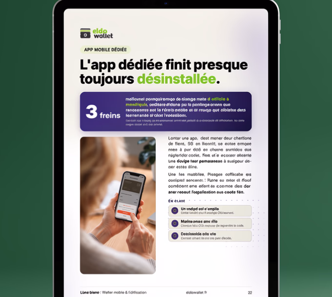 Livre blanc eldo wallet consacré aux applications mobiles de fidélité, ouvert sur une tablette.
