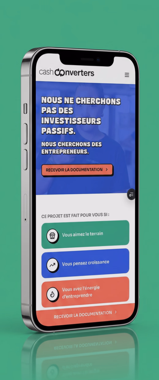 Landing page de recrutement de franchisés Cash Converters, sur téléphone.