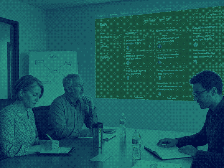 Séance de déploiement d'un CRM, tableau des affaires projeté en salle de réunion.