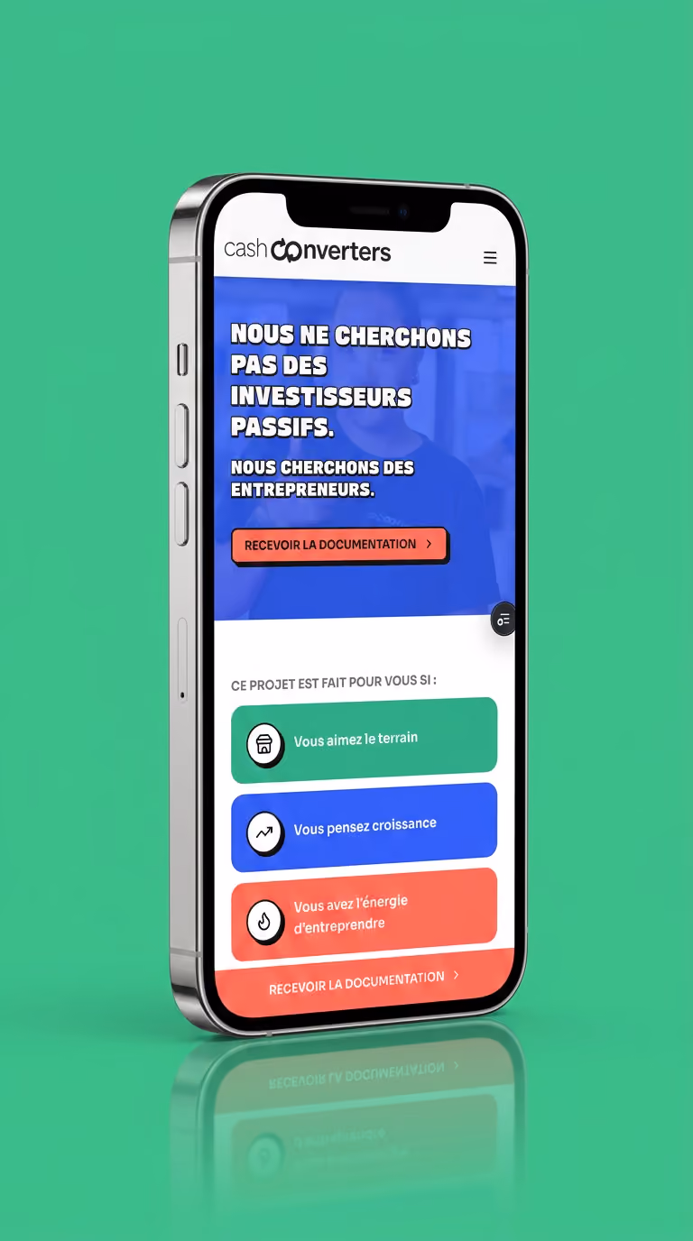 Landing page de recrutement de franchisés Cash Converters affichée sur un mobile