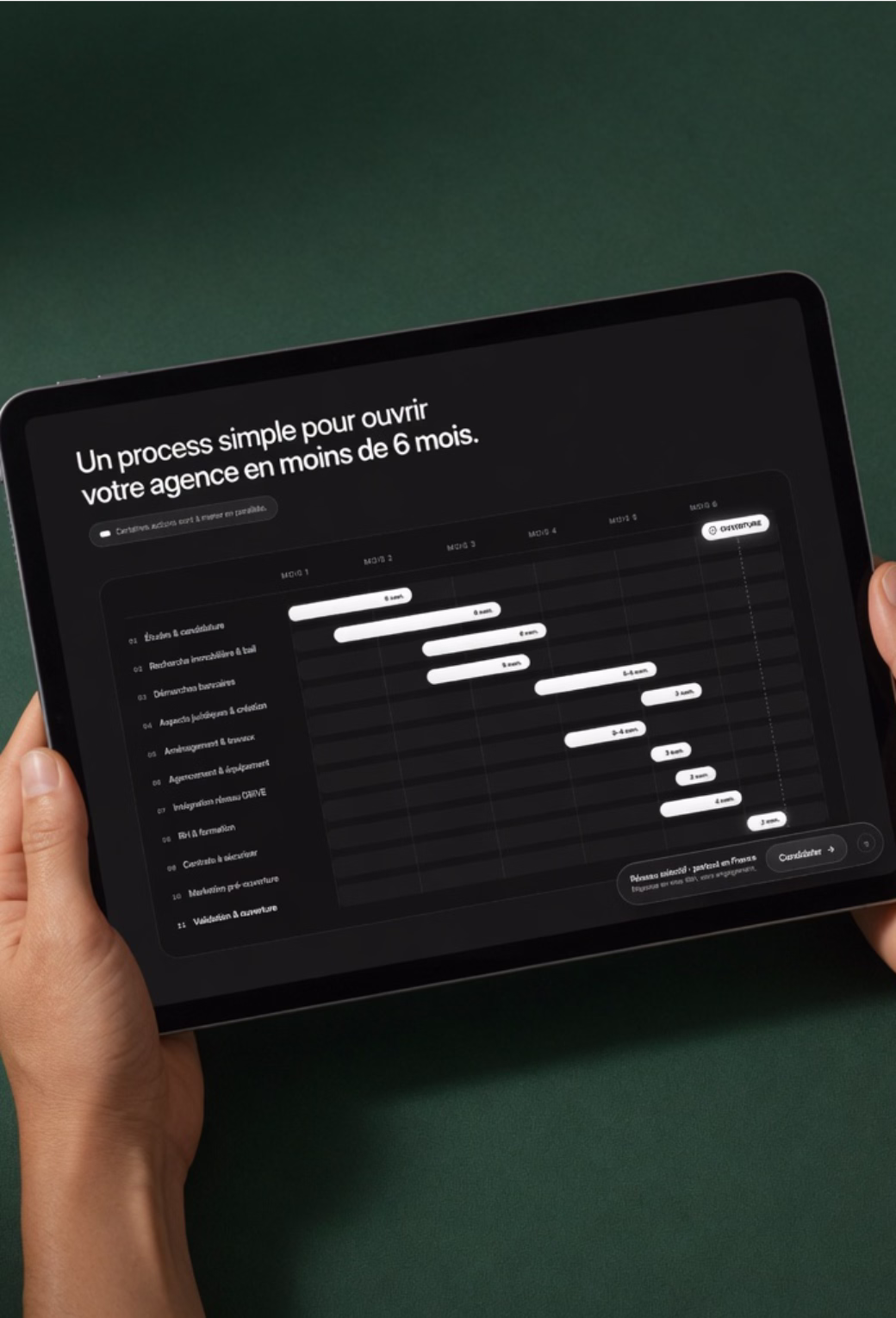 Une landing page de recrutement de franchisés ouverte sur une tablette tenue à deux mains