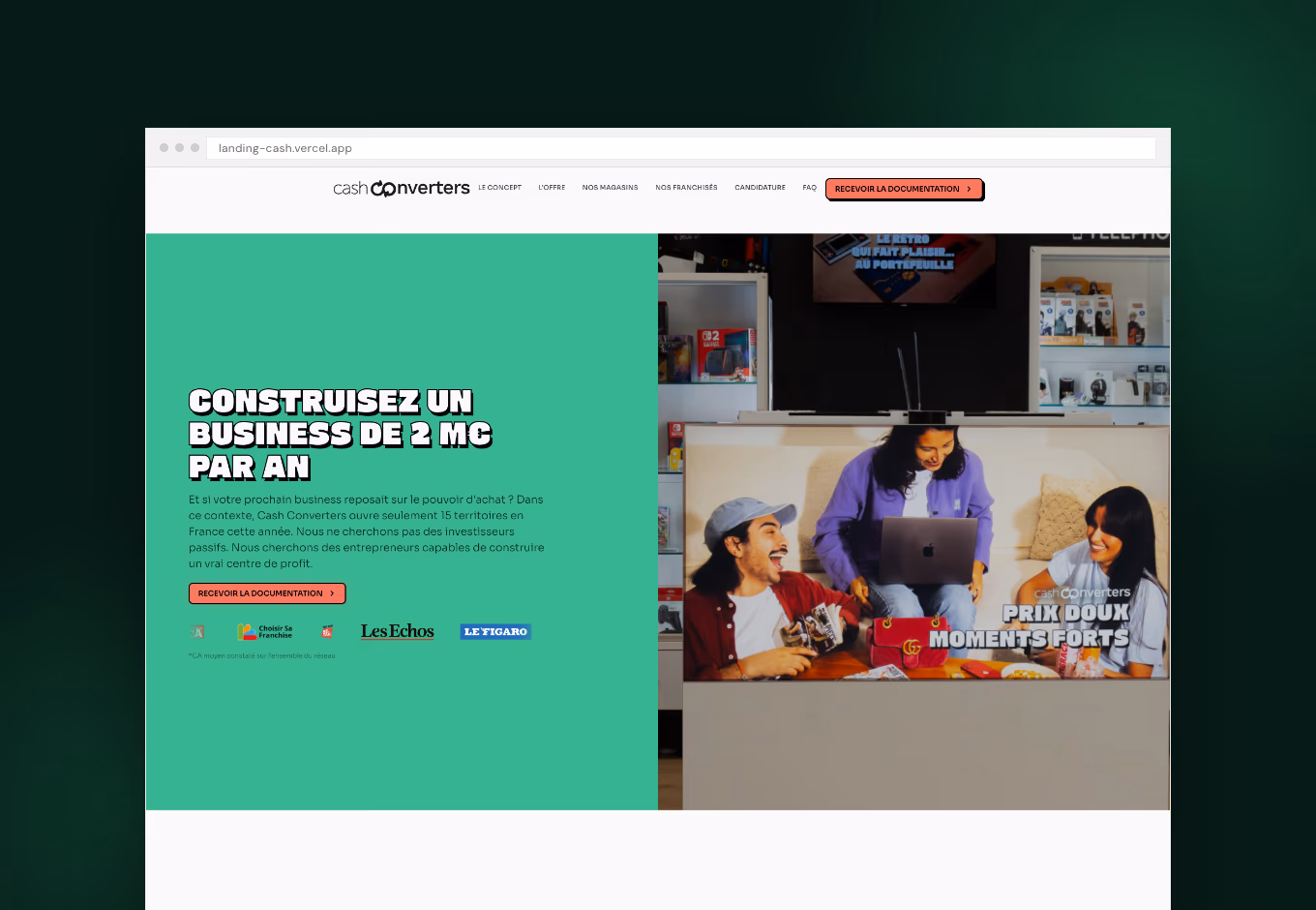 Mockup de la landing page de recrutement de franchisés Cash Converters, dans une fenêtre de navigateur