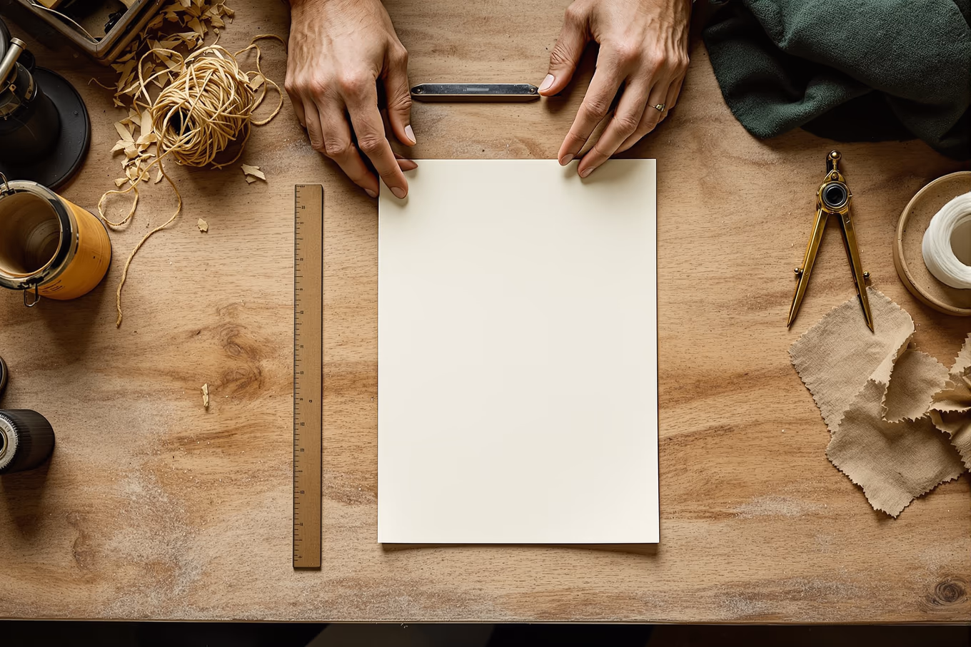 Dossier d'enseigne posé sur un plan de travail, entouré d'outils de dessin